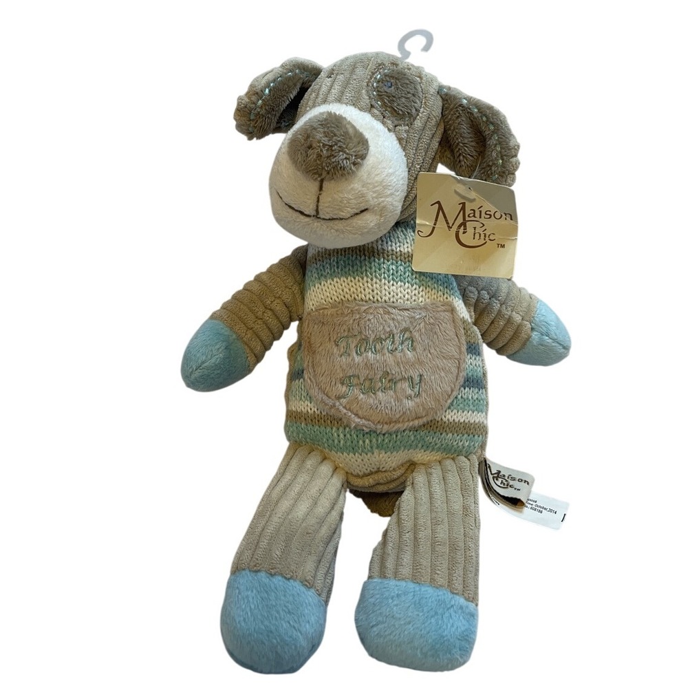 NWT Maison Chic tooth fairy plush stuffed tan dog w/blue sweater ROCKY THE DOG